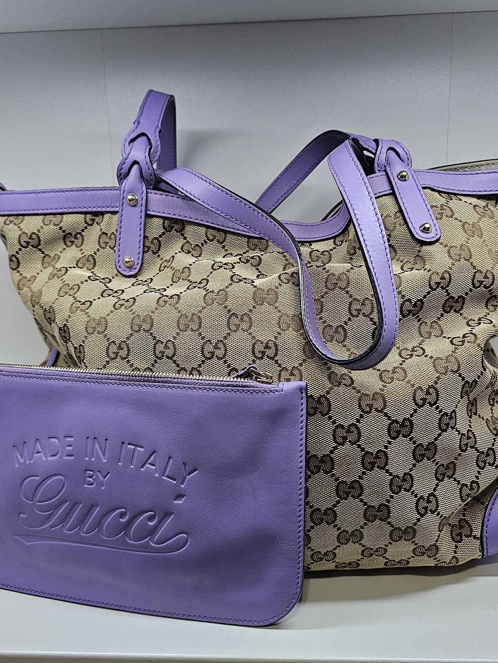 Gucci Lavender Trim GG Canvas Tote with Removable Pouch
